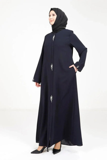 BEYZA 3487 - 25 NAVY BLUE LEAF DETAIL ABAYA - ihvan