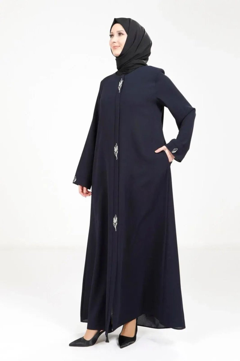 BEYZA 3487 - 25 NAVY BLUE LEAF DETAIL ABAYA - ihvan