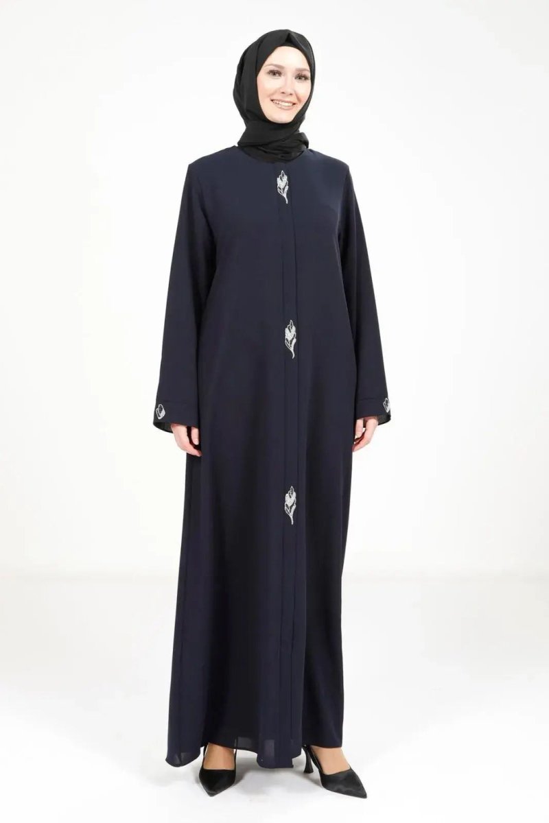 BEYZA 3487 - 25 NAVY BLUE LEAF DETAIL ABAYA - ihvan