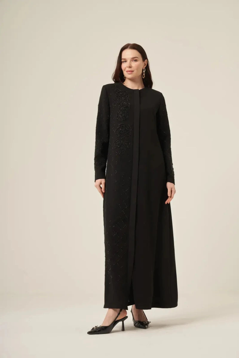 Black Abaya with Single-Sided Crystal Stone Detail and Hidden Zipper 6163-25 Black - ihvan
