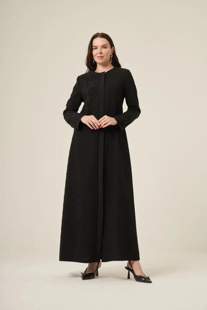 Black Abaya with Single-Sided Crystal Stone Detail and Hidden Zipper 6163-25 Black - ihvan