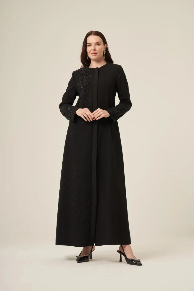 Black Abaya with Single-Sided Crystal Stone Detail and Hidden Zipper 6163-25 Black - ihvan