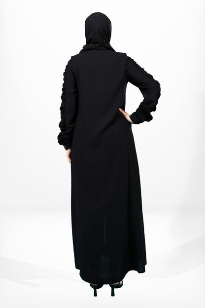 Black Abaya with Zipper, Gathered Sleeves, and Side Pockets, Size 3909 - ihvan