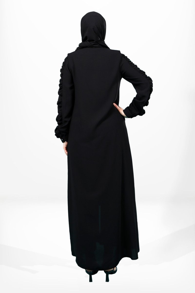 Black Abaya with Zipper, Gathered Sleeves, and Side Pockets, Size 3909 - ihvan