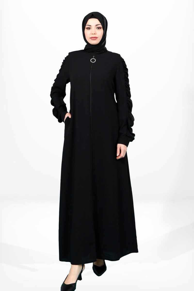 Black Abaya with Zipper, Gathered Sleeves, and Side Pockets, Size 3909 - ihvan