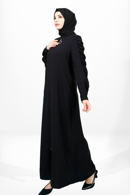 Black Abaya with Zipper, Gathered Sleeves, and Side Pockets, Size 3909 - ihvan