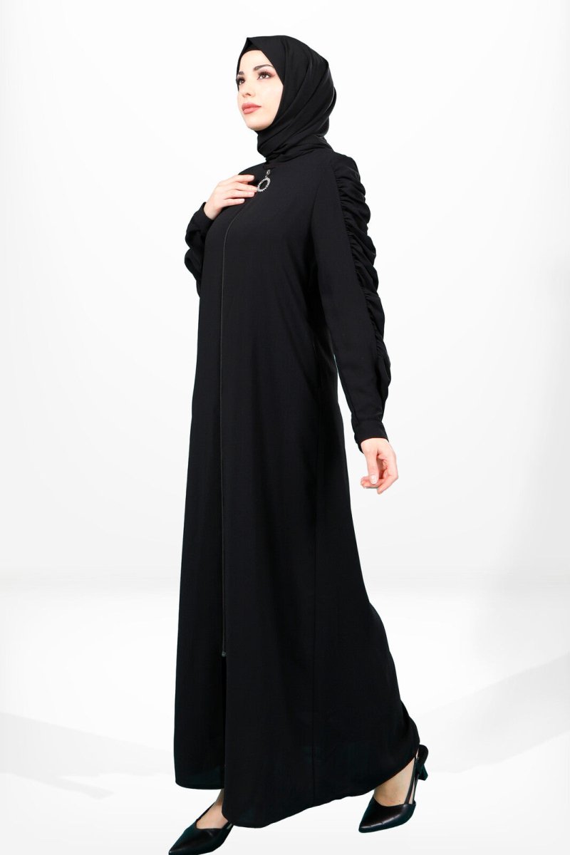 Black Abaya with Zipper, Gathered Sleeves, and Side Pockets, Size 3909 - ihvan