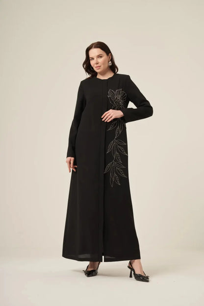 Black and White Hijab Abaya with Swarovski Crystal Details and Hidden Zipper 6158-25 Black - ihvan