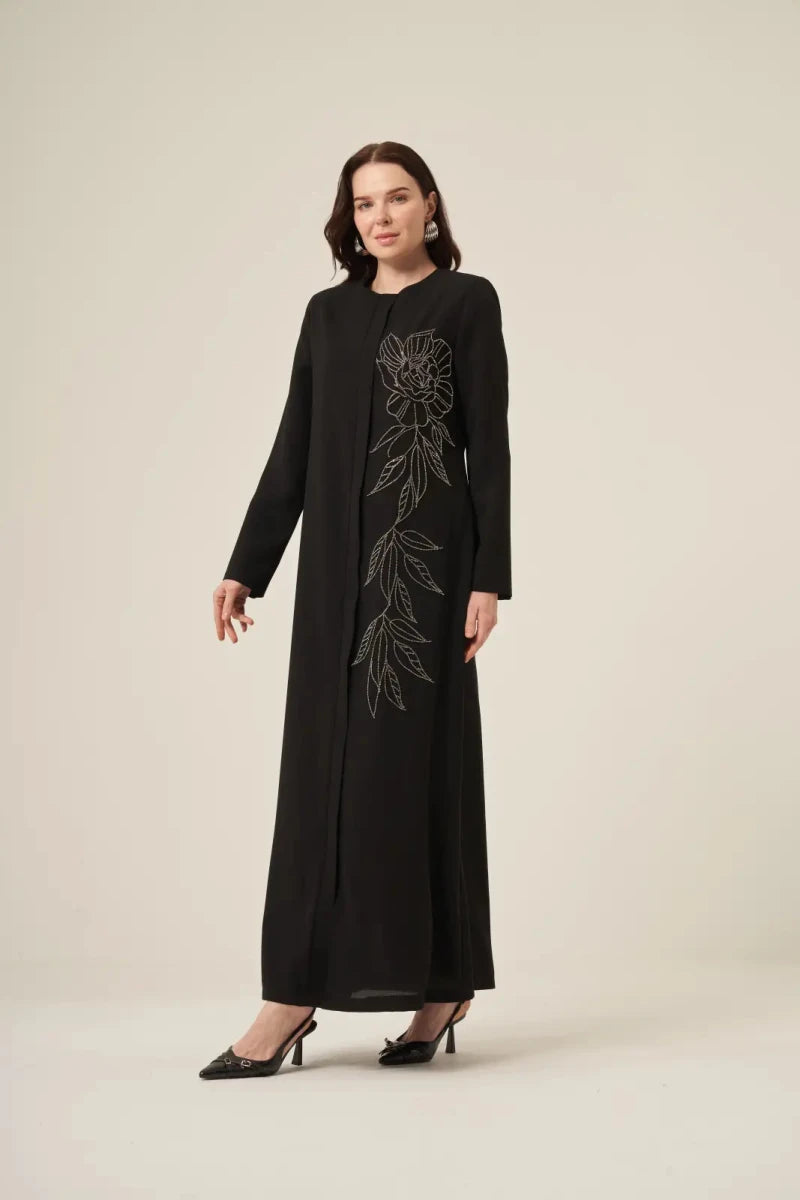 Black and White Hijab Abaya with Swarovski Crystal Details and Hidden Zipper 6158-25 Black - ihvan