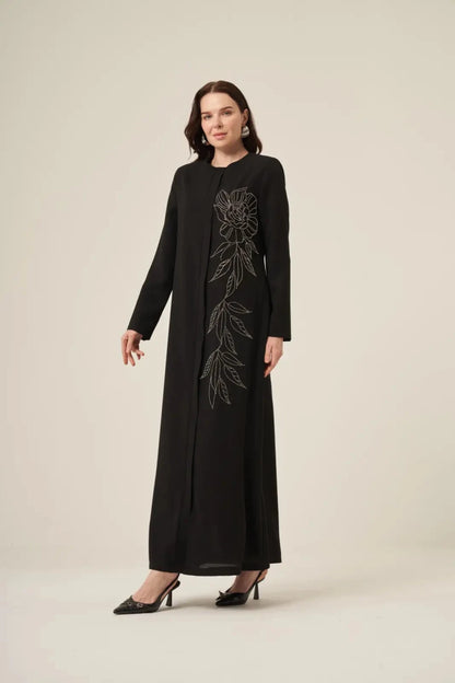 Black and White Hijab Abaya with Swarovski Crystal Details and Hidden Zipper 6158-25 Black - ihvan