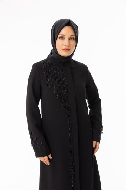 Black Beaded Embroidered Hijab Abaya - Plus Size Full Length Coat Zerenay 5610 - 26 - ihvan