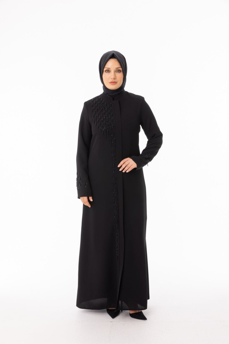 Black Beaded Embroidered Hijab Abaya - Plus Size Full Length Coat Zerenay 5610 - 26 - ihvan