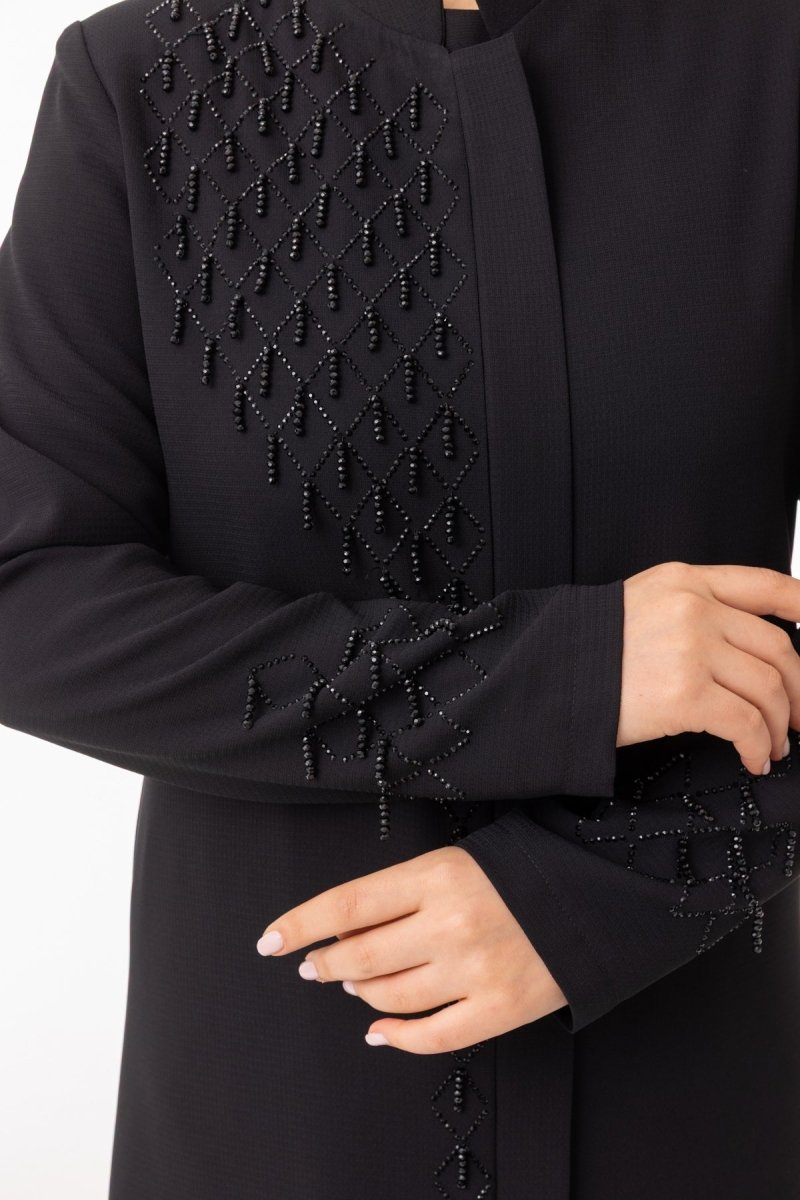 Black Beaded Embroidered Hijab Abaya - Plus Size Full Length Coat Zerenay 5610 - 26 - ihvan