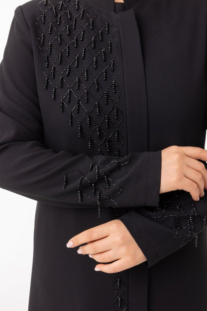 Black Beaded Embroidered Hijab Abaya - Plus Size Full Length Coat Zerenay 5610 - 26 - ihvan