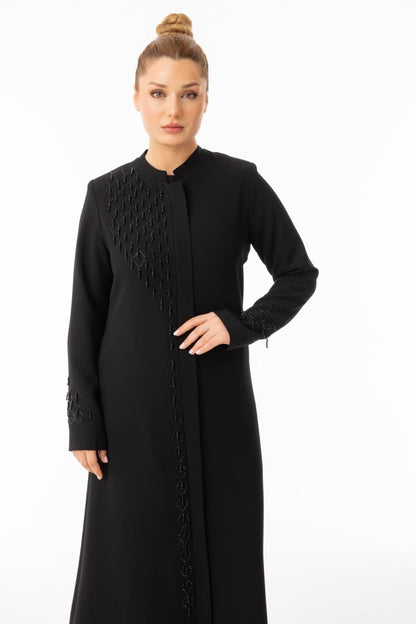 Black Beaded Embroidered Hijab Abaya - Plus Size Full Length Coat Zerenay 5610 - 26 - ihvan