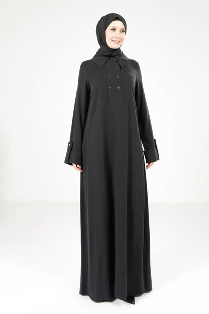 Black Collar A - Line Tancel Fabric Hijab Dress 9215 - 25 - ihvan