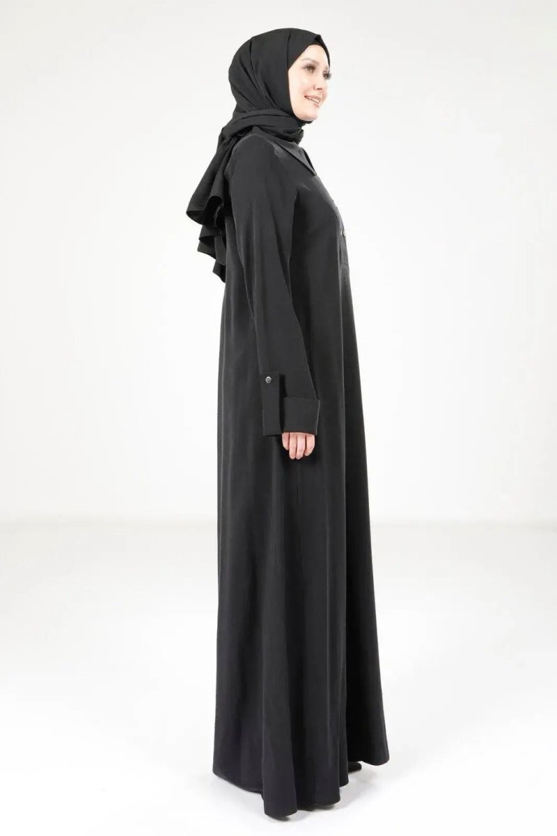 Black Collar A - Line Tancel Fabric Hijab Dress 9215 - 25 - ihvan