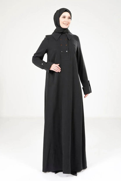 Black Collar A - Line Tancel Fabric Hijab Dress 9215 - 25 - ihvan