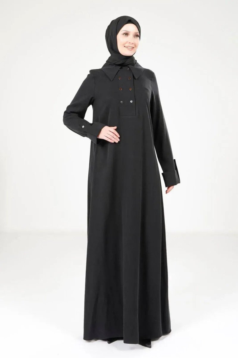 Black Collar A - Line Tancel Fabric Hijab Dress 9215 - 25 - ihvan
