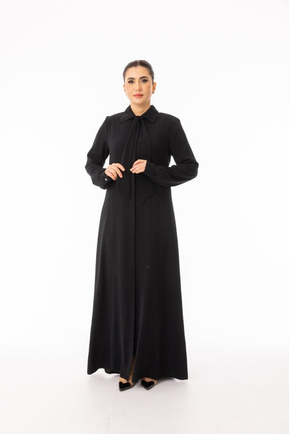 Black Collared Hijab Abaya with Scarf - Plus Size Full Length Zerenay 5349 - 26 - ihvan