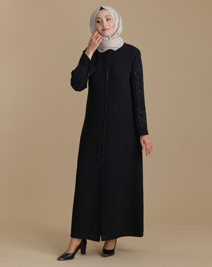 Black Crystal Rhinestone Sleeves Zippered Modest Abaya - ihvan
