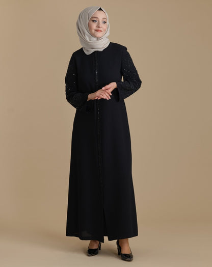 Black Crystal Rhinestone Sleeves Zippered Modest Abaya - ihvan