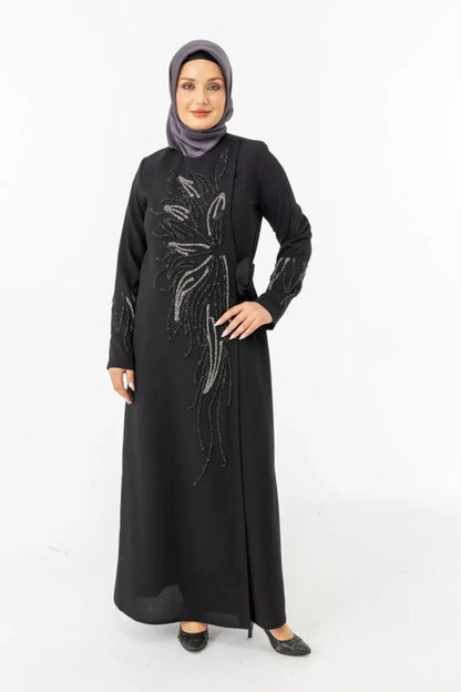 Black Double - Breasted Tie - Up Abaya with Stone Embellishments Zerenay 5503 - 25 - ihvan