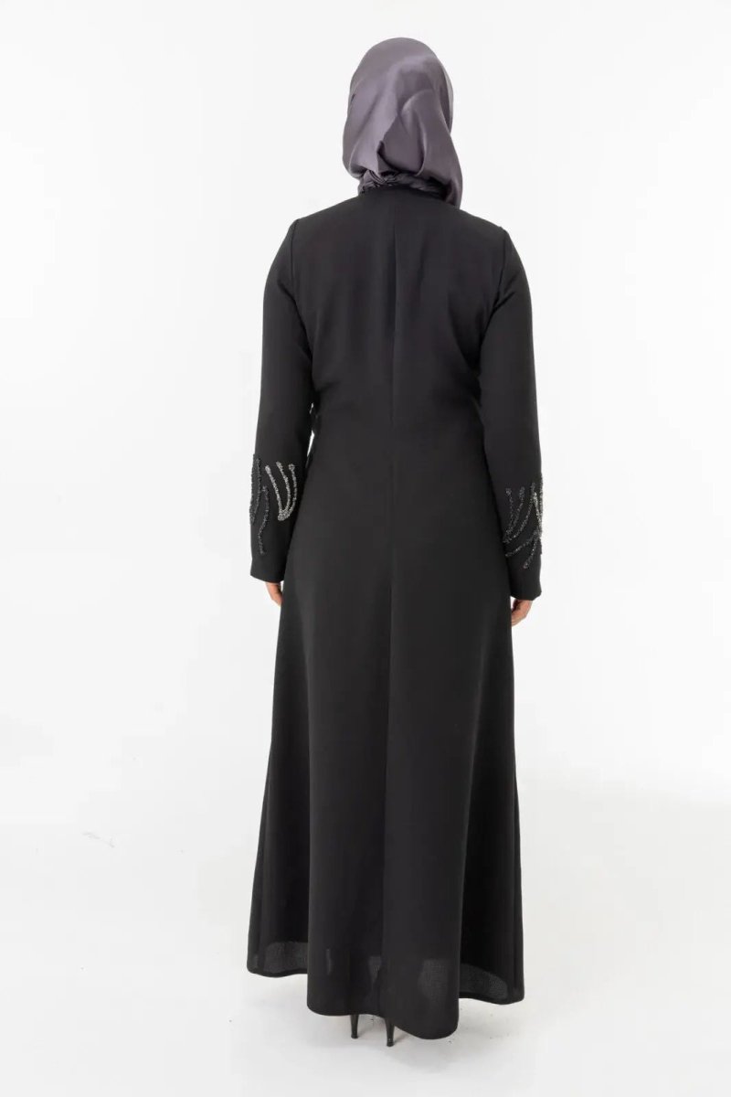 Black Double - Breasted Tie - Up Abaya with Stone Embellishments Zerenay 5503 - 25 - ihvan