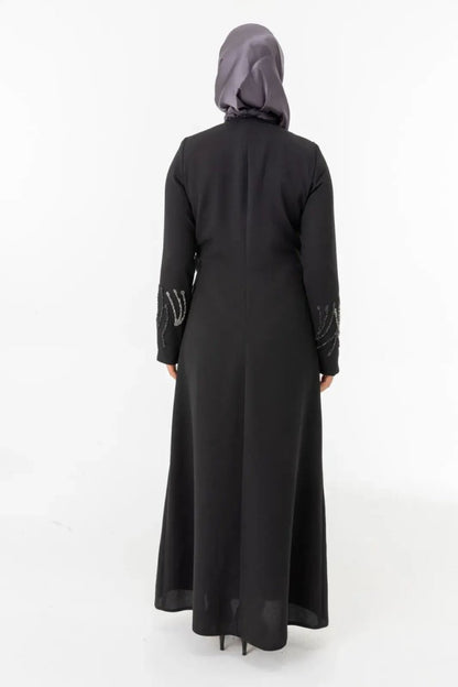 Black Double - Breasted Tie - Up Abaya with Stone Embellishments Zerenay 5503 - 25 - ihvan