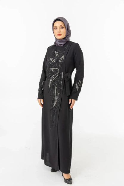 Black Double - Breasted Tie - Up Abaya with Stone Embellishments Zerenay 5503 - 25 - ihvan