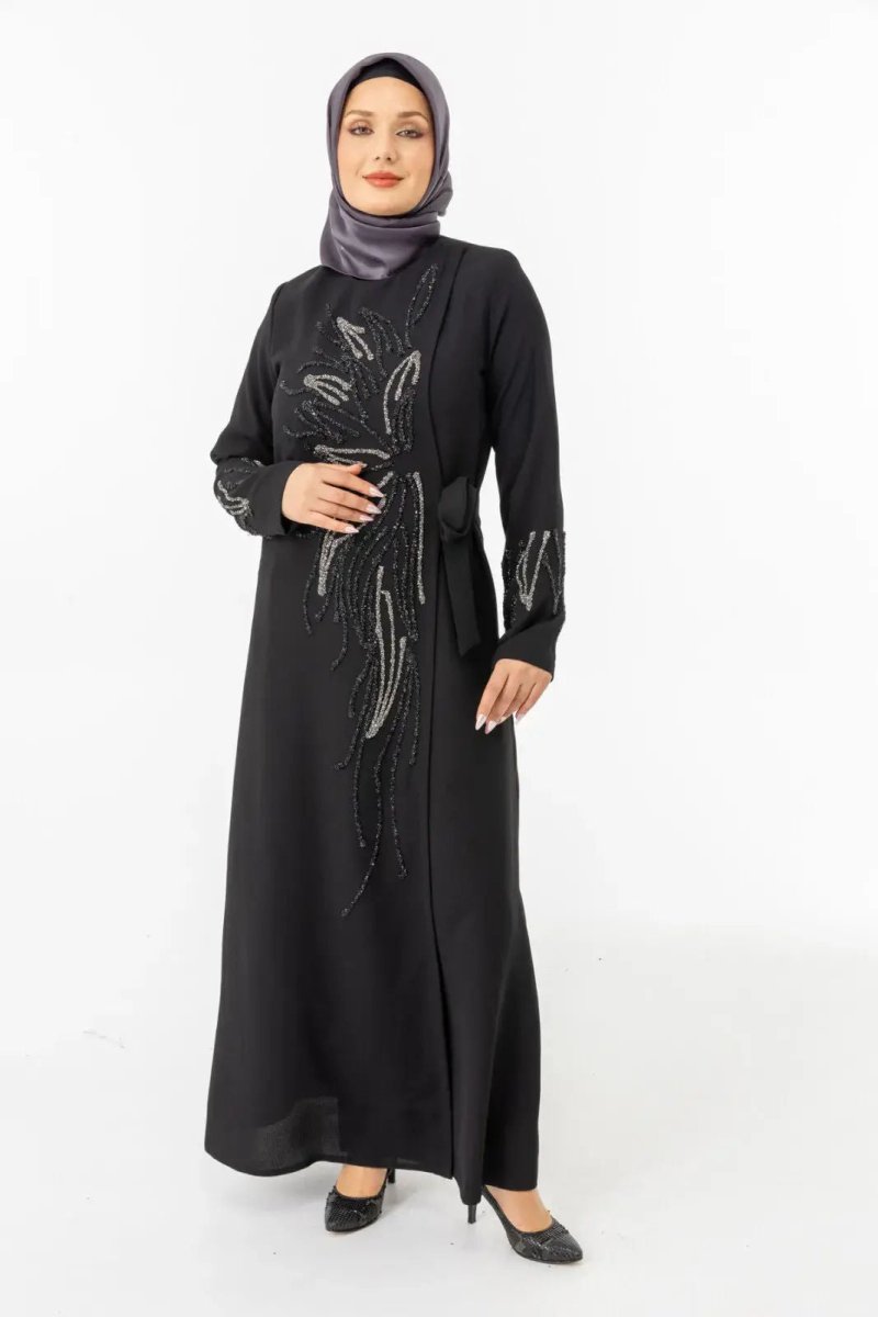 Black Double - Breasted Tie - Up Abaya with Stone Embellishments Zerenay 5503 - 25 - ihvan