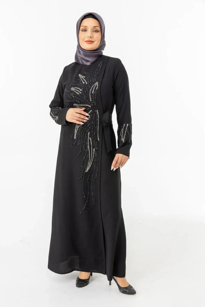 Black Double - Breasted Tie - Up Abaya with Stone Embellishments Zerenay 5503 - 25 - ihvan