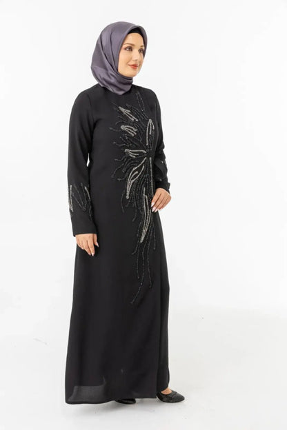 Black Double - Breasted Tie - Up Abaya with Stone Embellishments Zerenay 5503 - 25 - ihvan