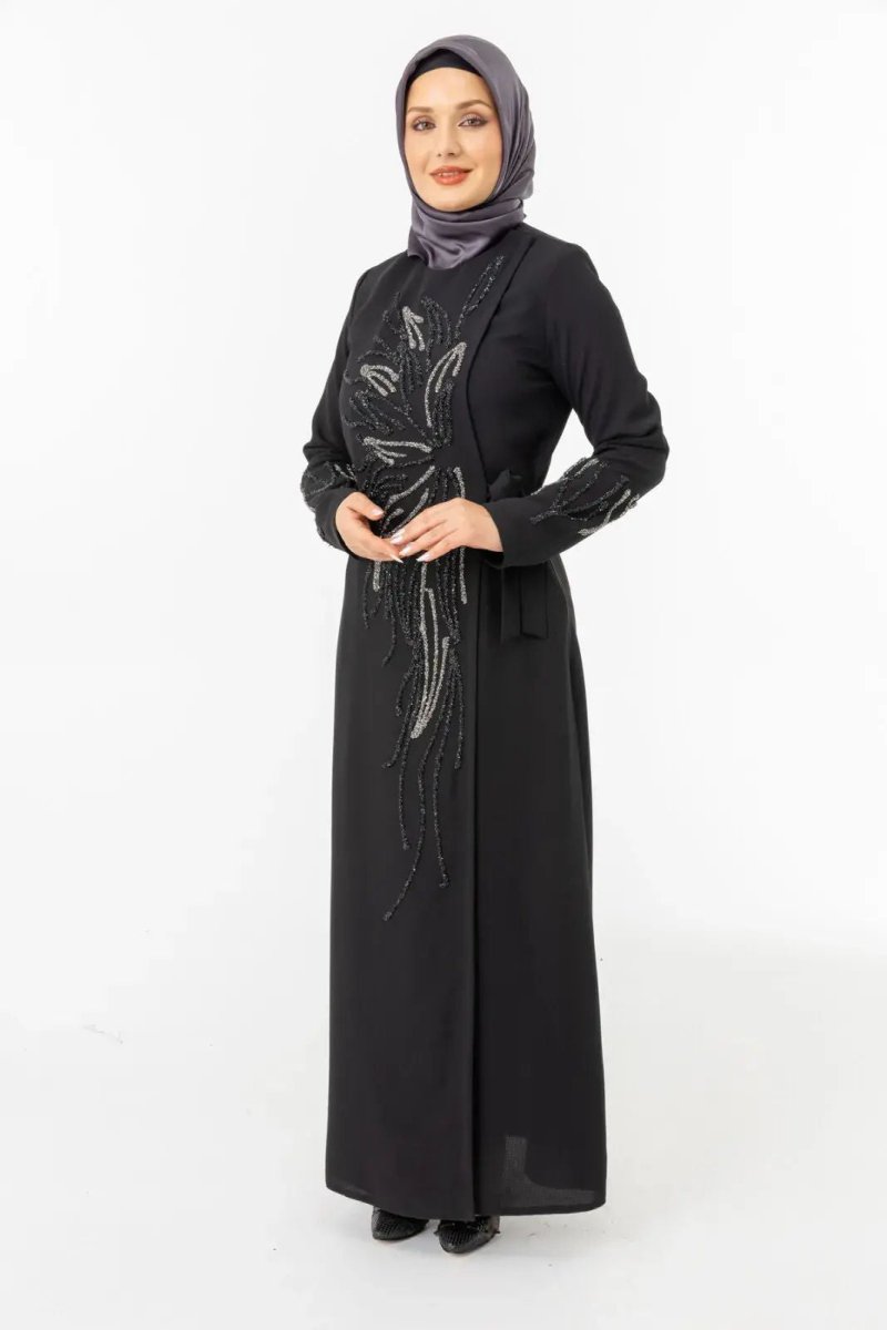 Black Double - Breasted Tie - Up Abaya with Stone Embellishments Zerenay 5503 - 25 - ihvan