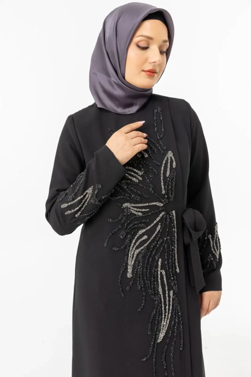Black Double - Breasted Tie - Up Abaya with Stone Embellishments Zerenay 5503 - 25 - ihvan