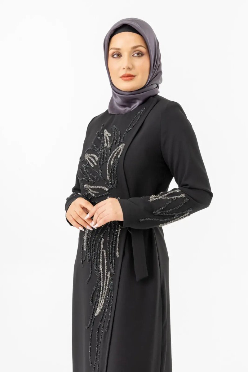 Black Double - Breasted Tie - Up Abaya with Stone Embellishments Zerenay 5503 - 25 - ihvan