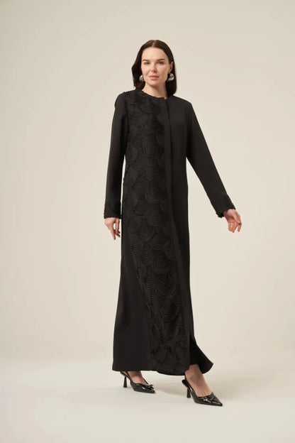 Black Dubai Silk Burned Fabric Patterned Hijab Abaya with Hidden Zipper - 6170 Black - ihvan