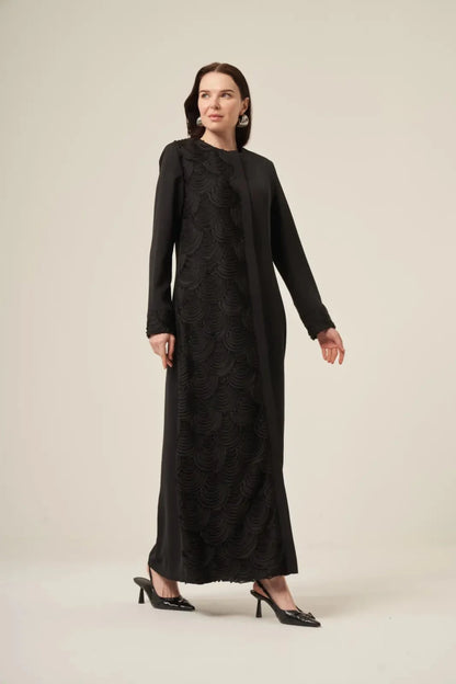 Black Dubai Silk Burned Fabric Patterned Hijab Abaya with Hidden Zipper - 6170 Black - ihvan