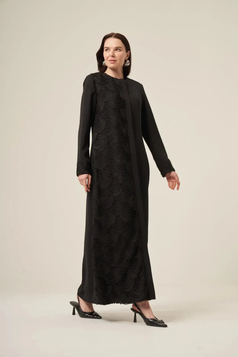Black Dubai Silk Burned Fabric Patterned Hijab Abaya with Hidden Zipper - 6170 Black - ihvan