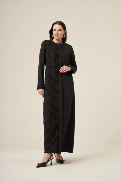 Black Dubai Silk Burned Fabric Patterned Hijab Abaya with Hidden Zipper - 6170 Black - ihvan