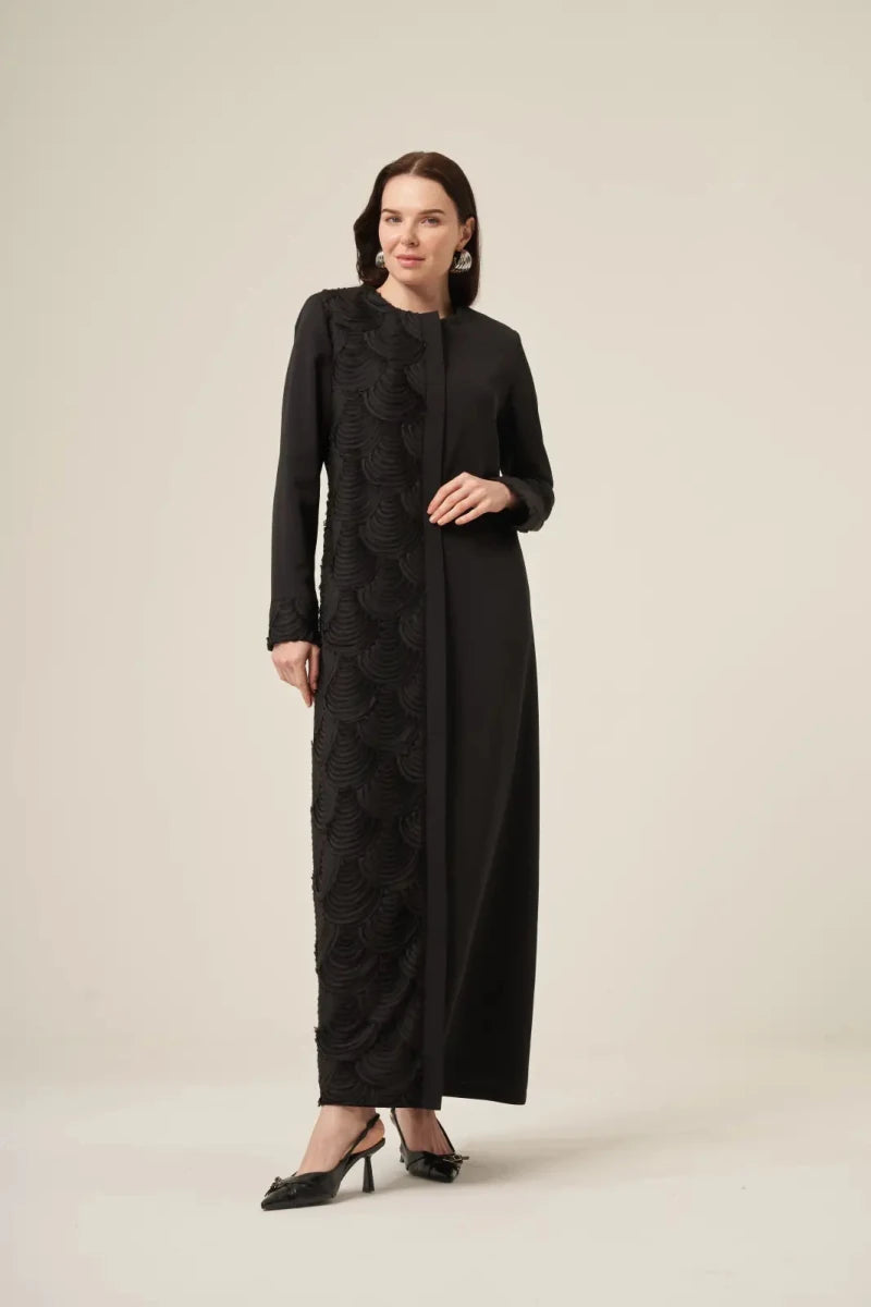 Black Dubai Silk Burned Fabric Patterned Hijab Abaya with Hidden Zipper - 6170 Black - ihvan