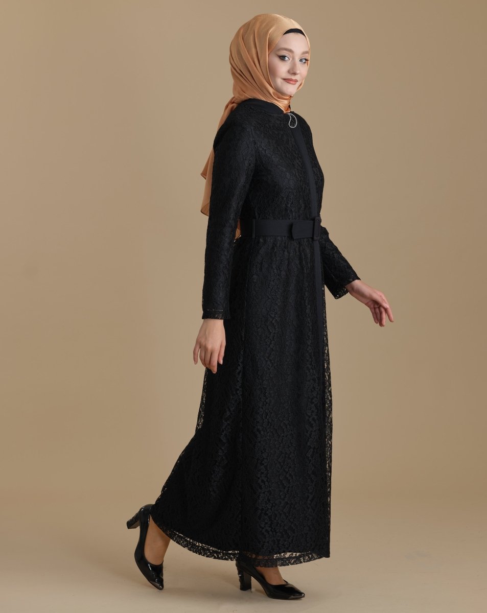 Black Full Lace, Zippered, Belted Hijab Abaya - ihvan