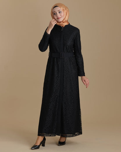 Black Full Lace, Zippered, Belted Hijab Abaya - ihvan