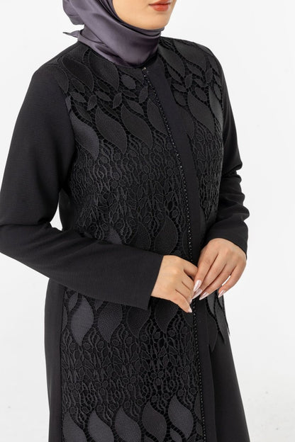 Black Guipure Hijab Abaya with Concealed Zipper ZRNY 5508 - 25 - ihvan
