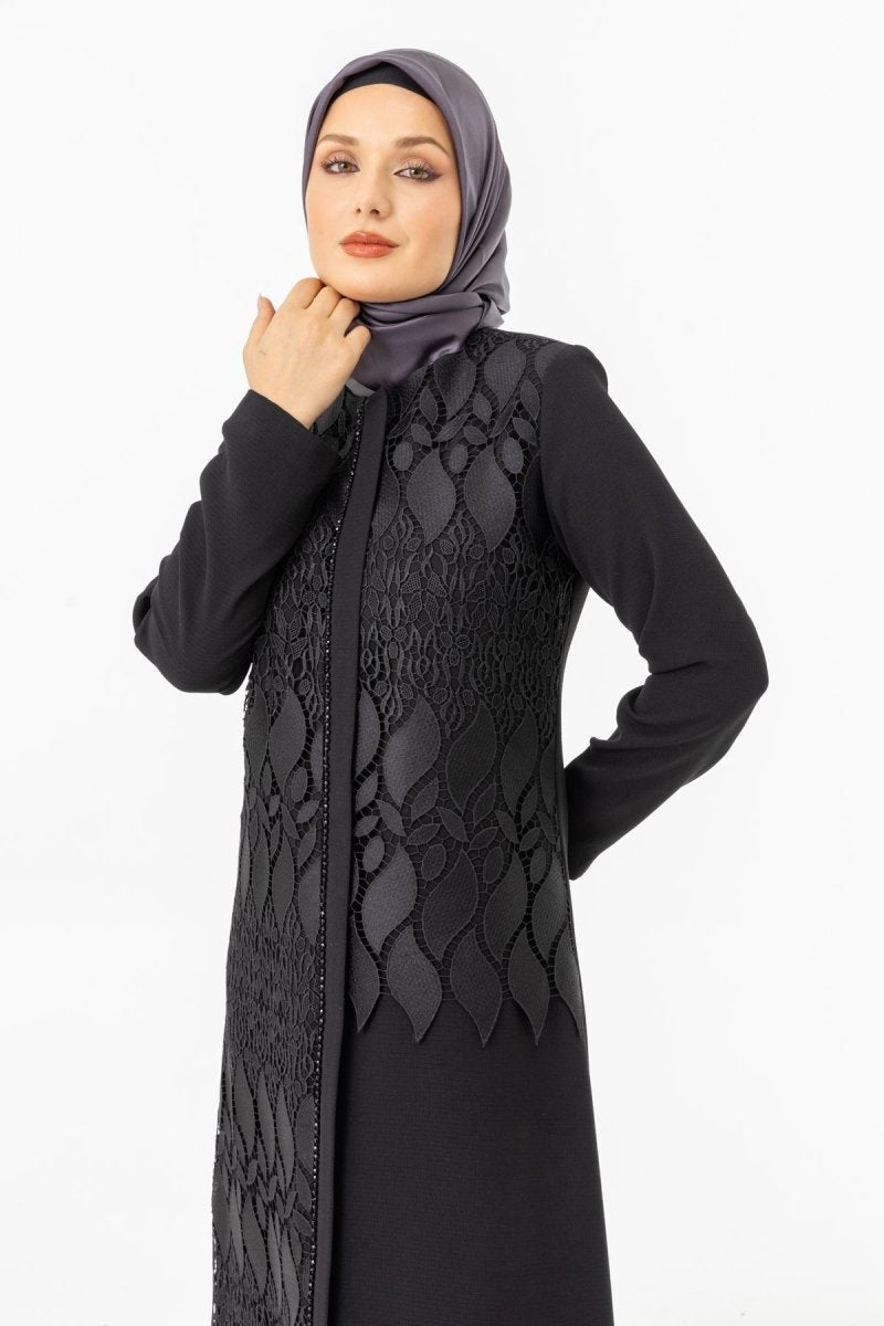 Black Guipure Hijab Abaya with Concealed Zipper ZRNY 5508 - 25 - ihvan