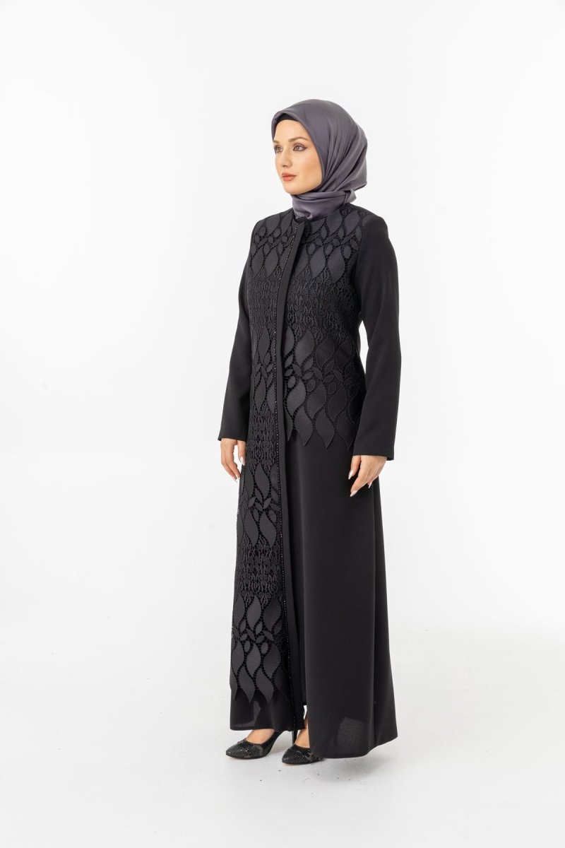 Black Guipure Hijab Abaya with Concealed Zipper ZRNY 5508 - 25 - ihvan
