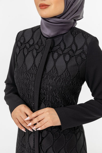 Black Guipure Hijab Abaya with Concealed Zipper ZRNY 5508 - 25 - ihvan