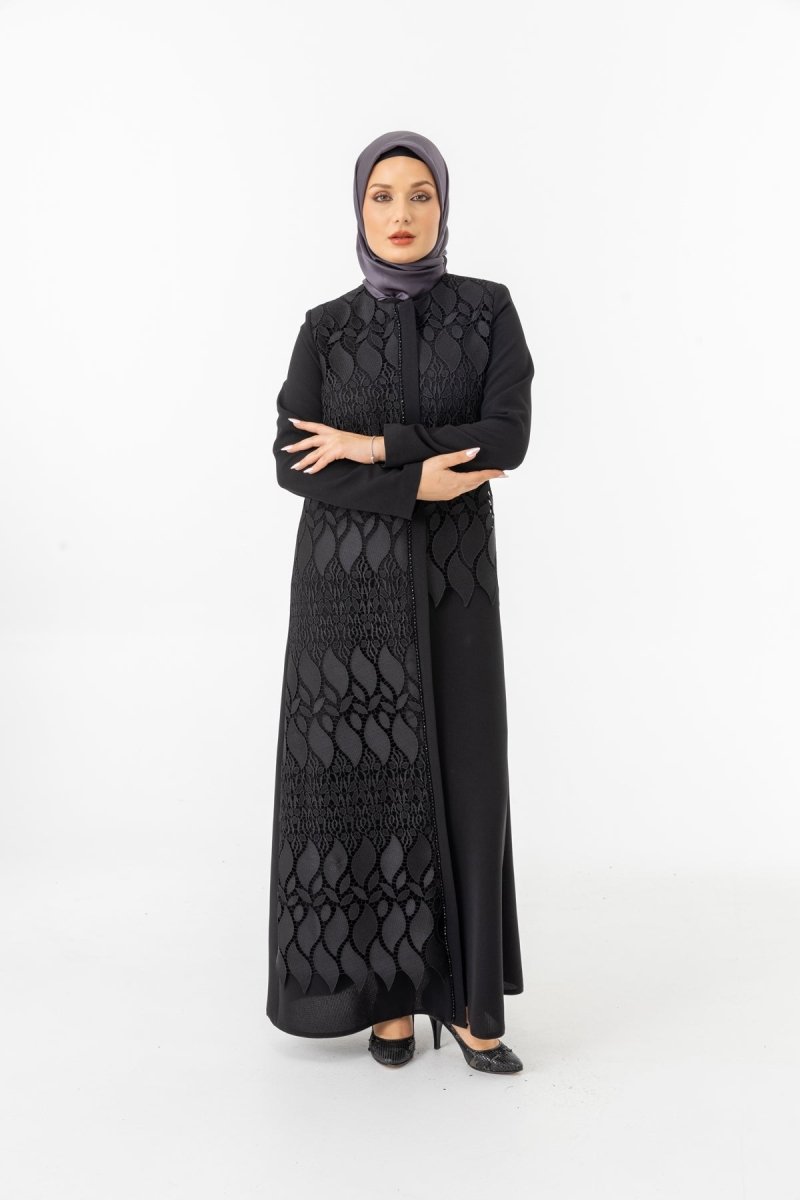 Black Guipure Hijab Abaya with Concealed Zipper ZRNY 5508 - 25 - ihvan