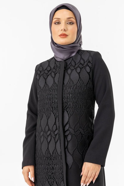 Black Guipure Hijab Abaya with Concealed Zipper ZRNY 5508 - 25 - ihvan
