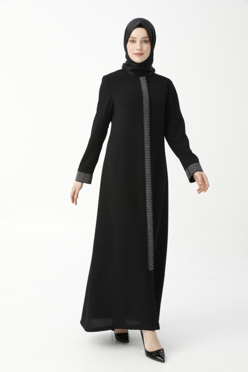 Black Herringbone Embroidered Mother's Abaya 9378-22 - ihvan